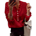 Womens Ruffle V Neck Red Cardigan Pearl Button Long Sleeve Knit S Small