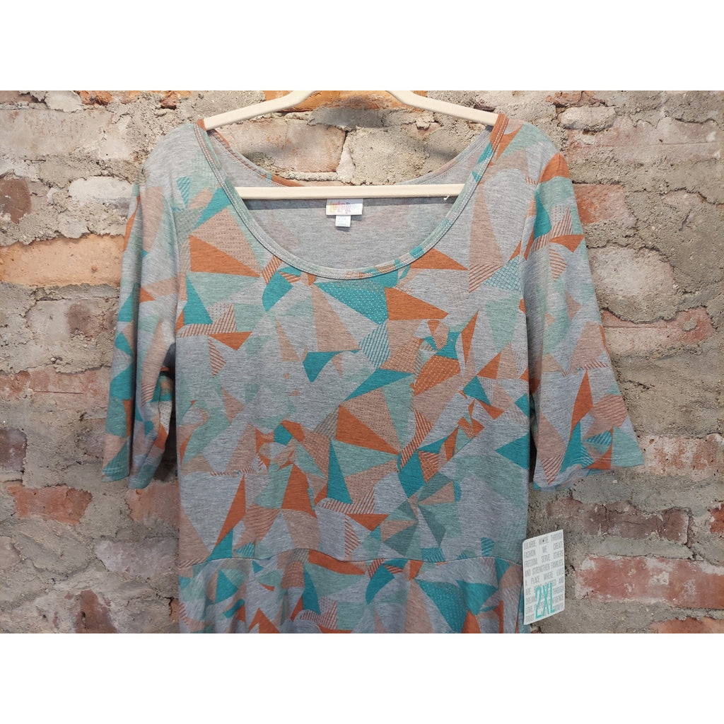LuLaRoe Womens 2XL Dress Gray Orange Teal Geometric NWT A Line Short Sleeve