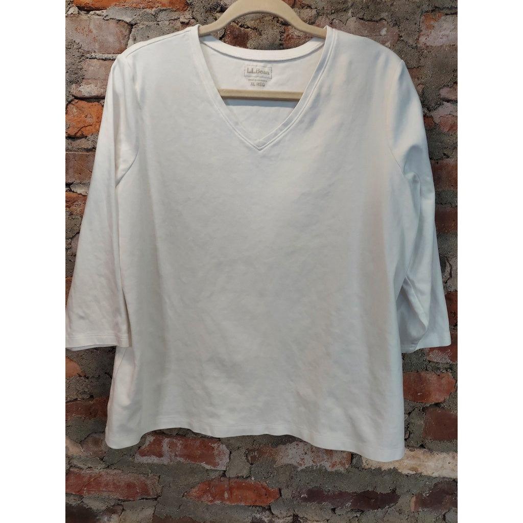 L.L.Bean Womens V Neck 3/4 Sleeve Top XL White Knit Casual Pullover