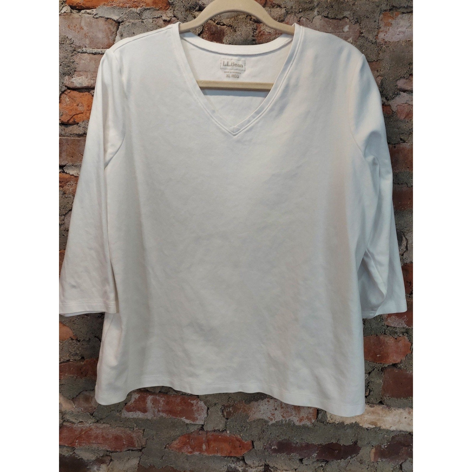 L.L.Bean Womens V Neck 3/4 Sleeve Top XL White Knit Casual Pullover