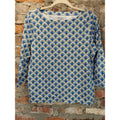 Croft & Barrow Womens Top PM Blue Yellow Fan Print 100% Cotton 3/4 Sleeve Boat