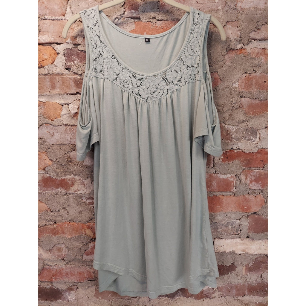 Womens Cold Shoulder Blouse Plus Size 1X Mint Green Lace Detail Tunic