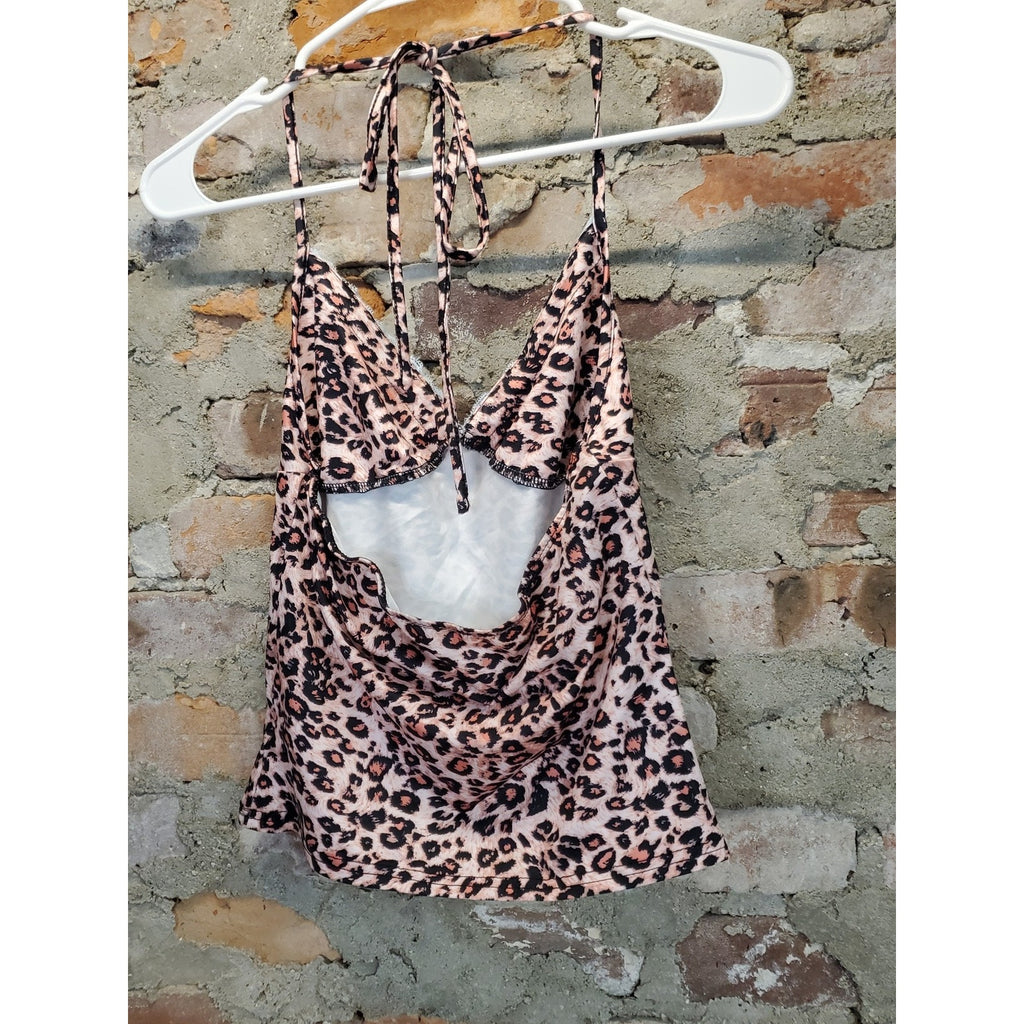 Womens S Halter Top Cami Pink Leopard Print Blue Lace Trim Tie Back Y2K Style