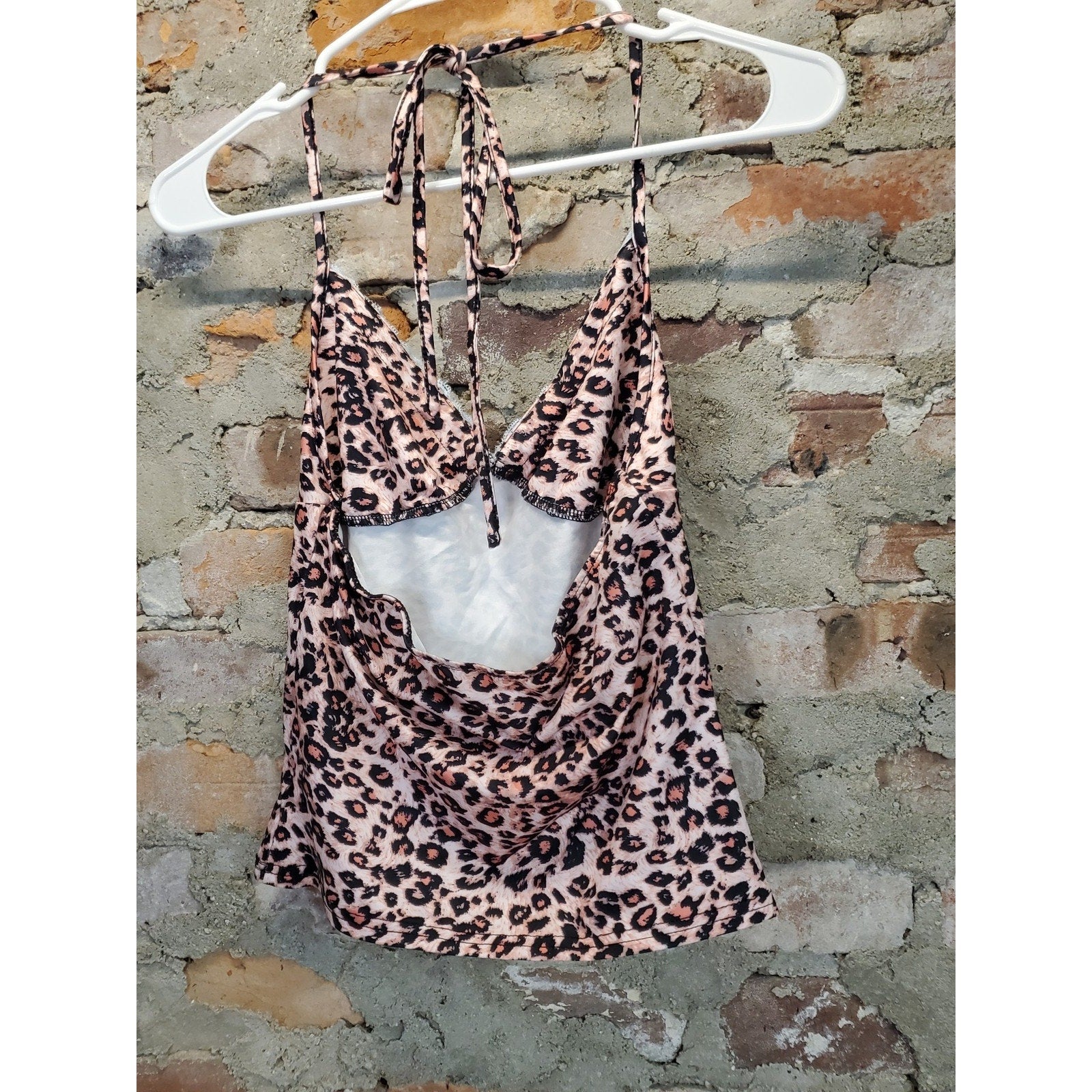 Womens S Halter Top Cami Pink Leopard Print Blue Lace Trim Tie Back Y2K Style