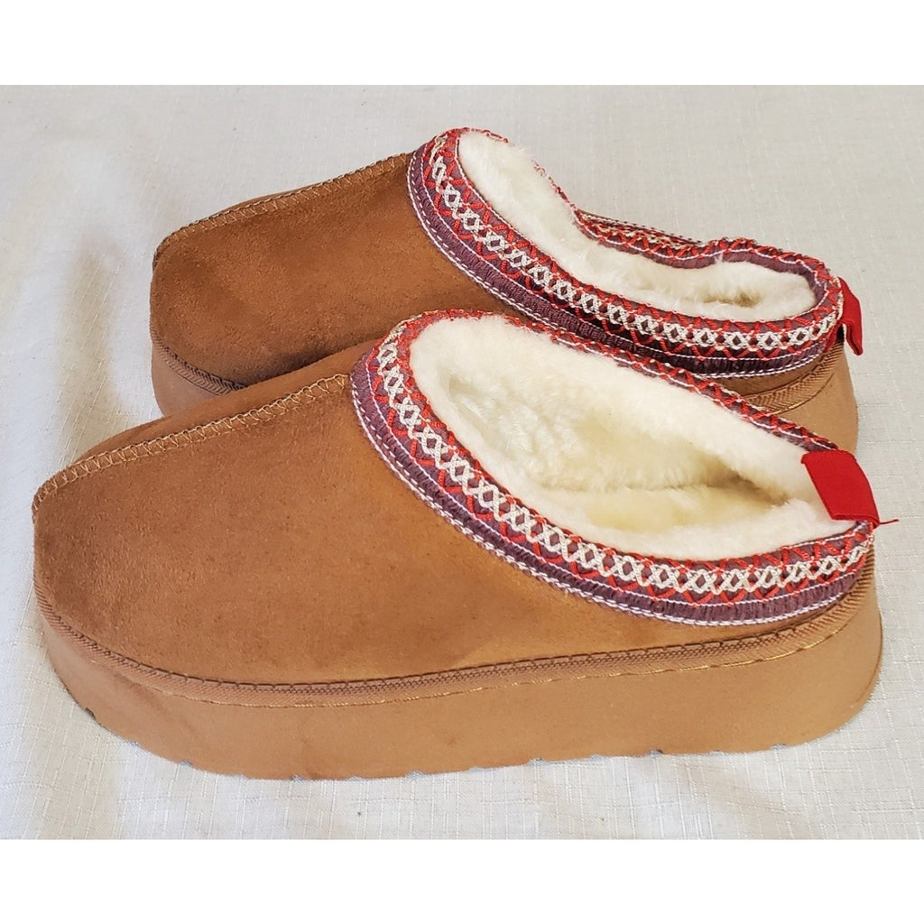Mule Slippers EU 37 US Womens 6.5 7 Tan Brown Faux Fur Lined Cozy Slip On