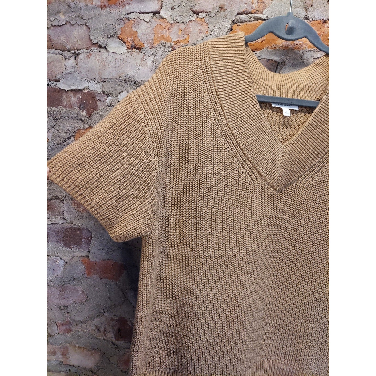Haven Well Within Womens Short Sleeve V Neck Sweater XL Tan Ribbed Knit Pullover