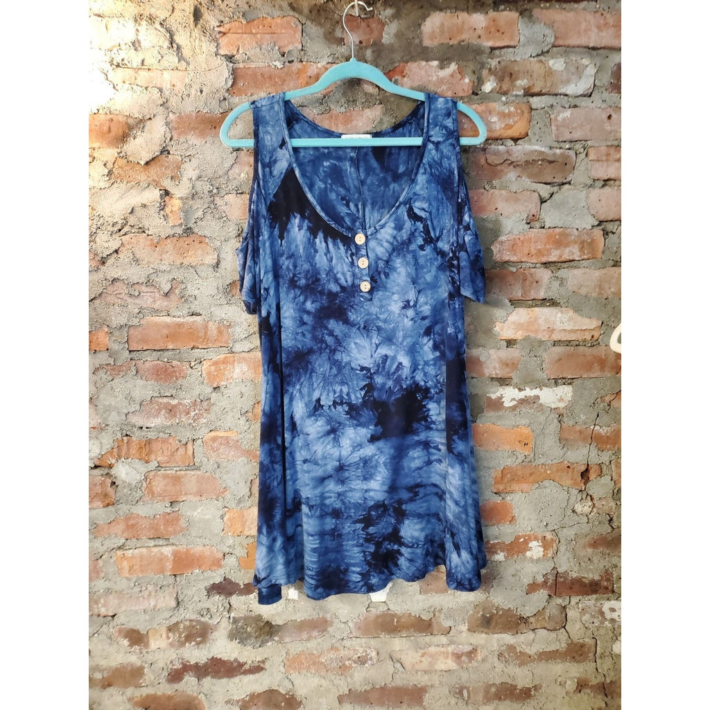 LARACE Womens Tunic Top Cold Shoulder Size 1X Plus Blue Tie Dye Shirt