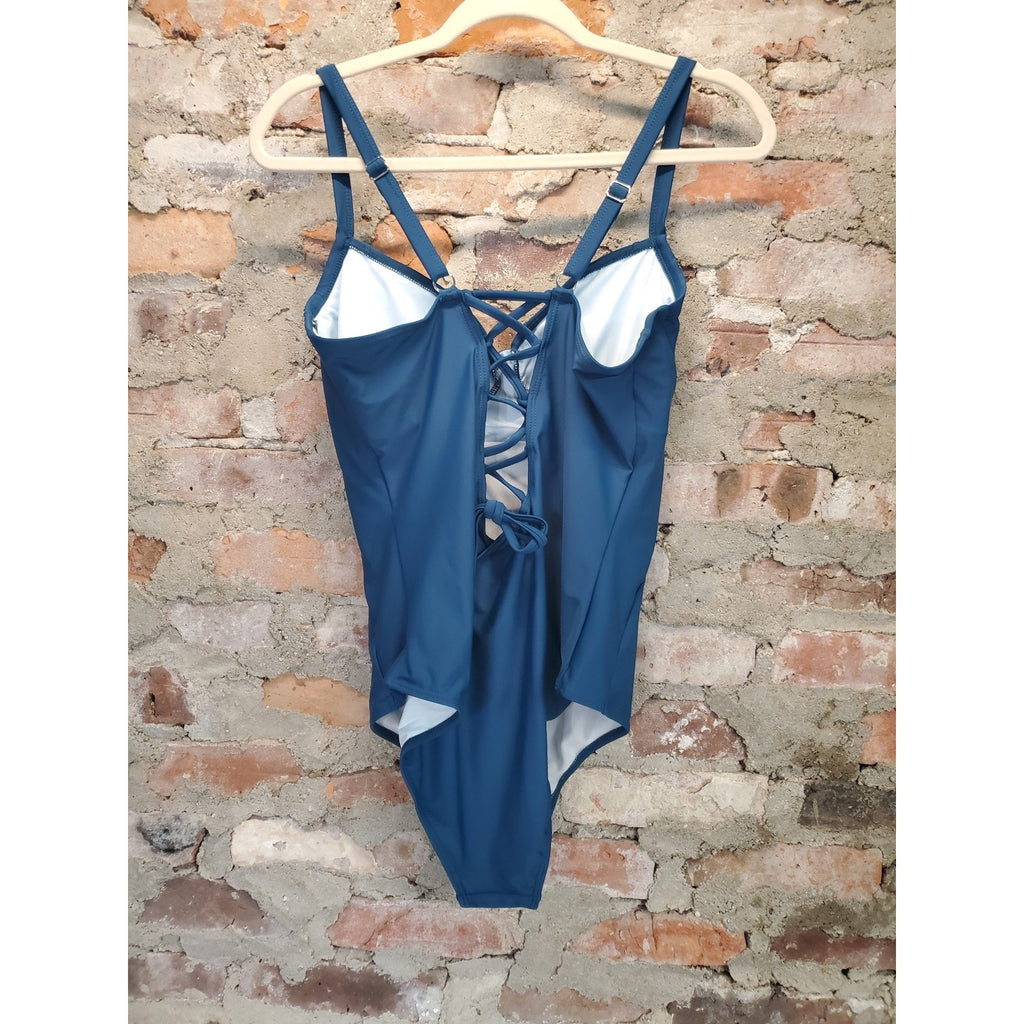 Womens One Piece Swimsuit XL Teal Blue Criss Cross Lace Up Back Nylon Spandex