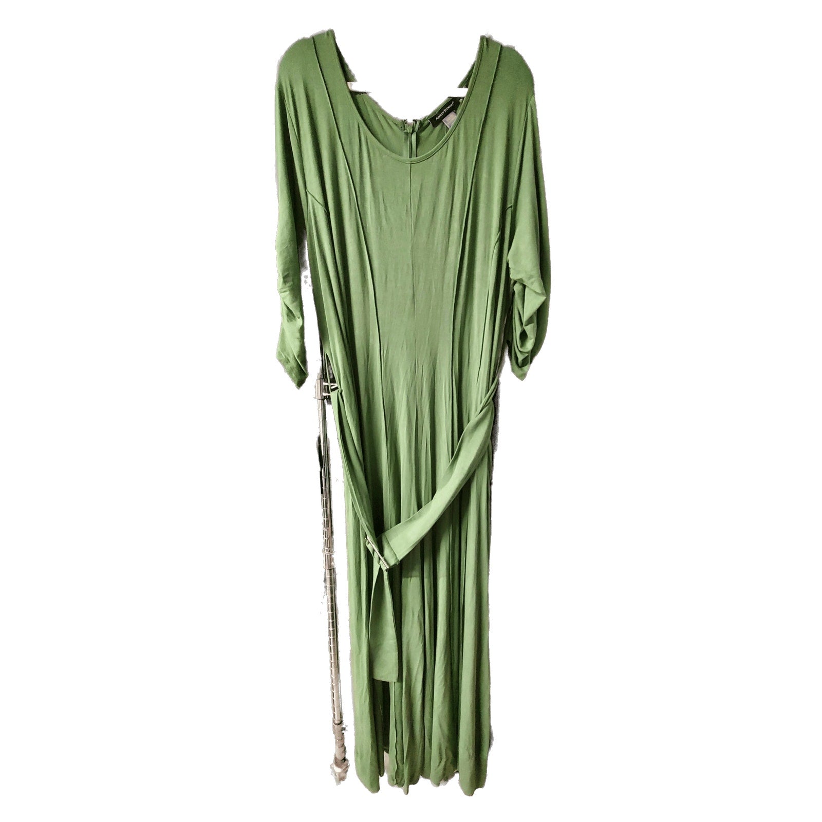 Ashley Stewart Womens Dress 22/24W Green Belted Ruched Sleeve Maxi Rayon