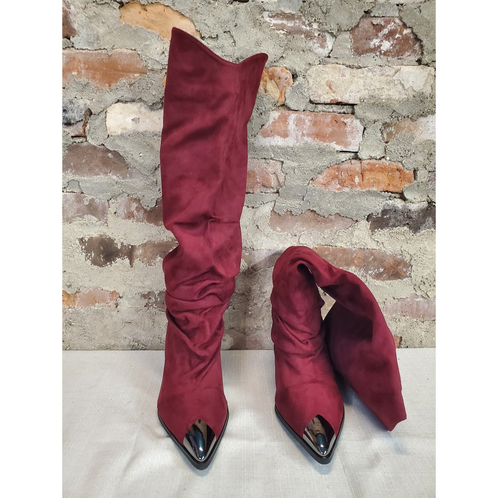 Womens 9 Knee High Slouch Boots Burgundy Faux Suede Pointed Toe Block Heel Metal