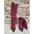 Womens 9 Knee High Slouch Boots Burgundy Faux Suede Pointed Toe Block Heel Metal