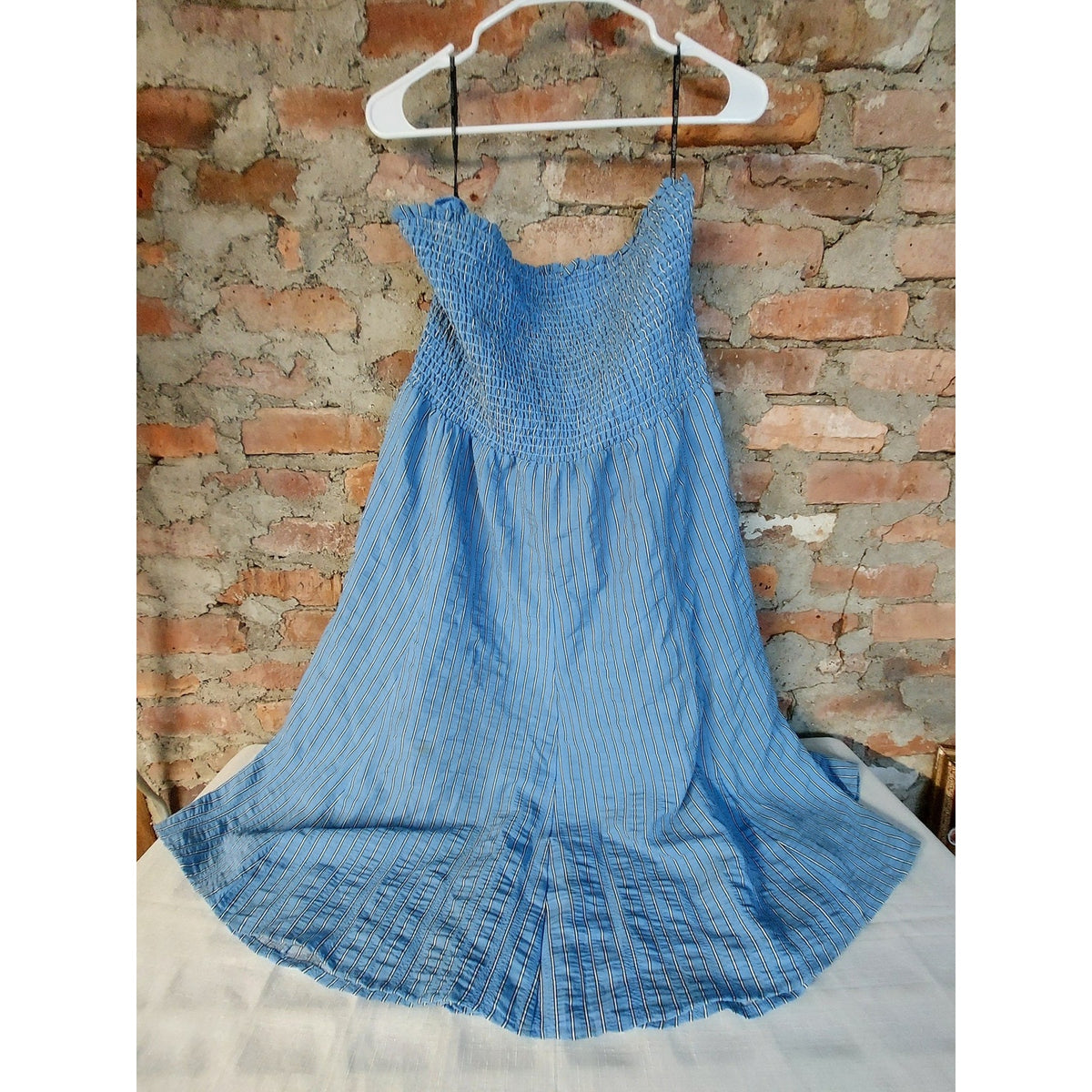 FOREVER 21+ Womens Plus Size 2X Blue Striped Smocked Strapless Wide Leg Jumpsuit