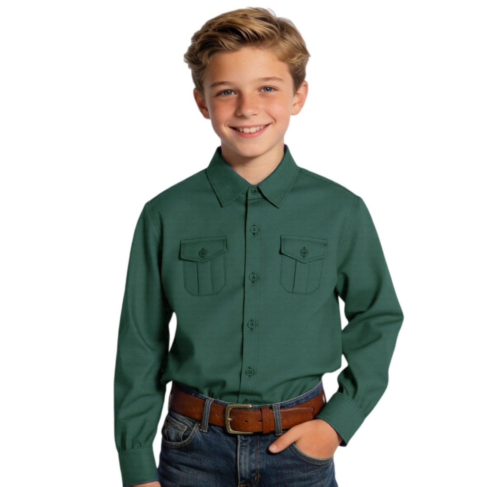 Boys Sz 18 Long Sleeve Button Down Work Shirt Dark Green Casual Utility Pockets
