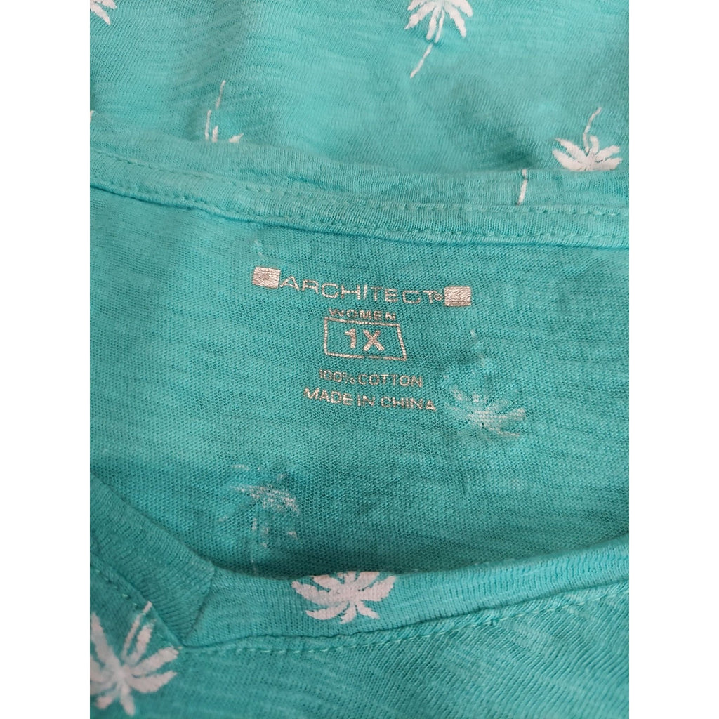 Architect Womens V-Neck T-Shirt Size 1X Teal Palm Tree Print Short Sleeve Cotton