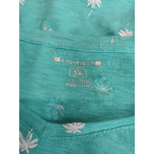 Architect Womens V-Neck T-Shirt Size 1X Teal Palm Tree Print Short Sleeve Cotton