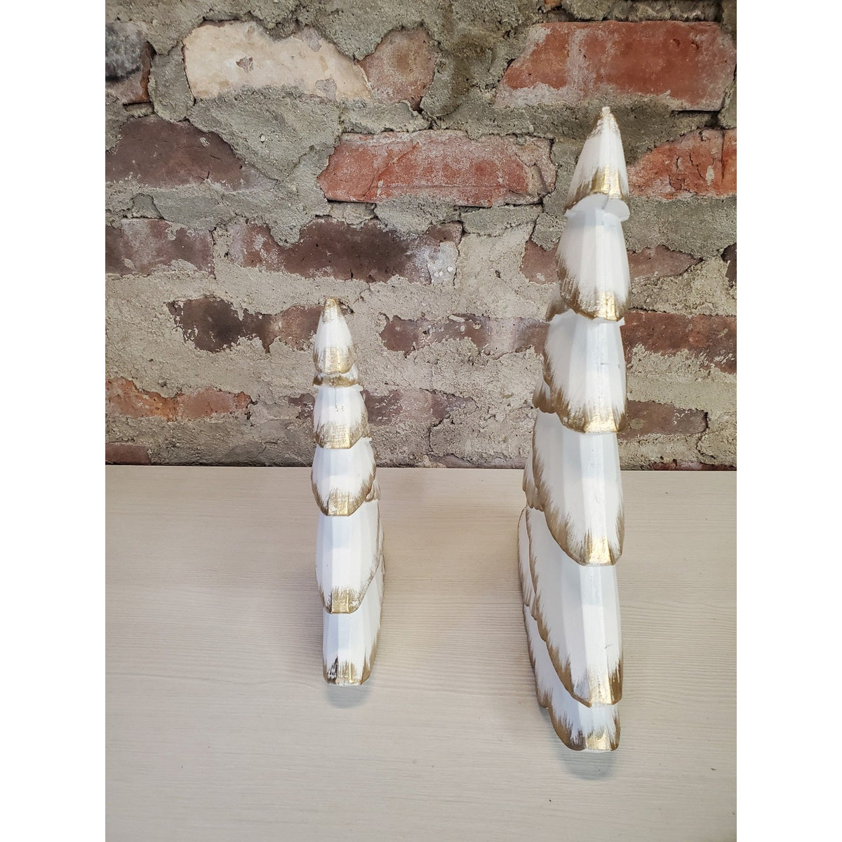 Christmas Trees Set 2 White Gold Wood Tiered Tabletop Holiday Decor Farmhouse