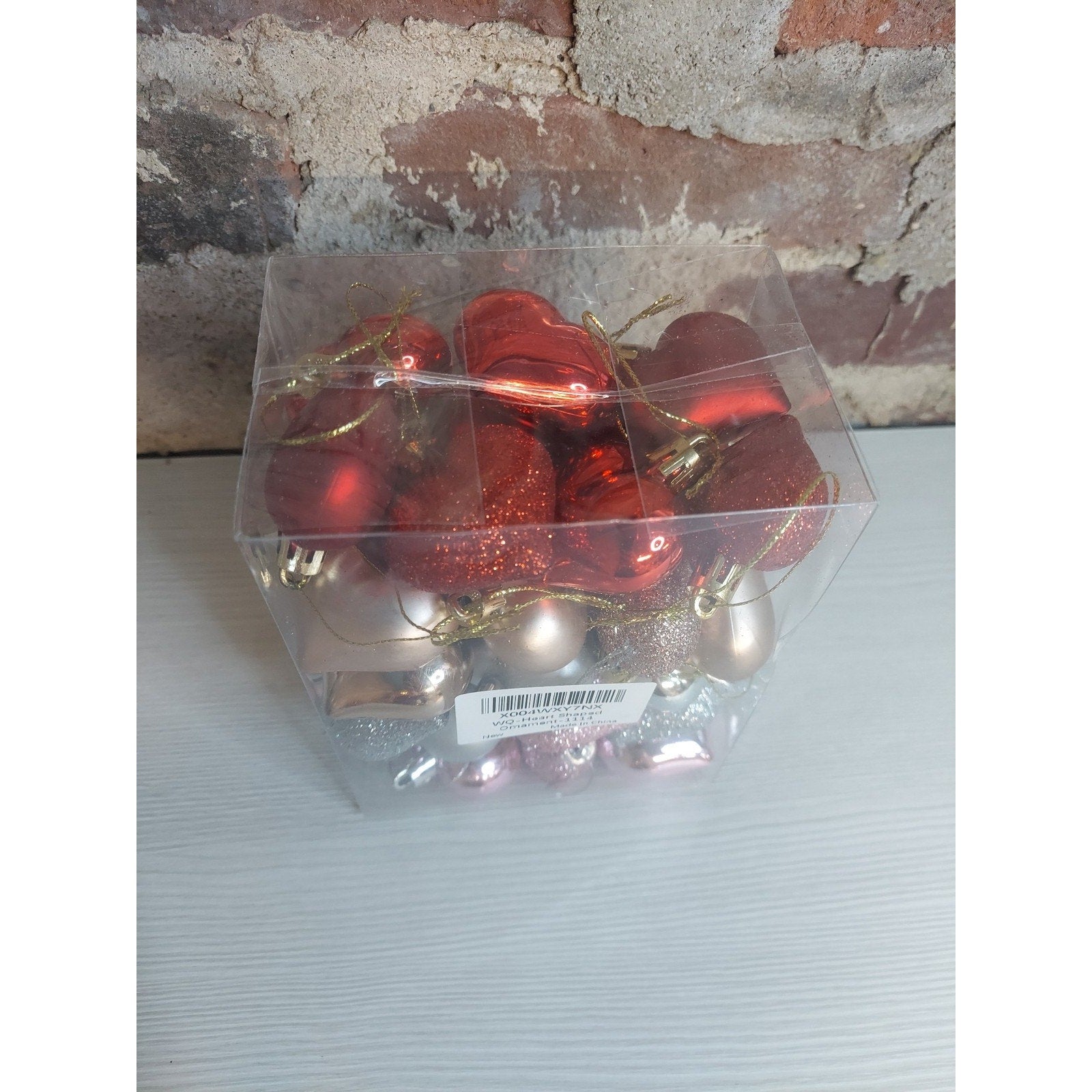 Christmas Ornaments Heart Shaped Set Multicolor Red Gold Silver Pink Glitter