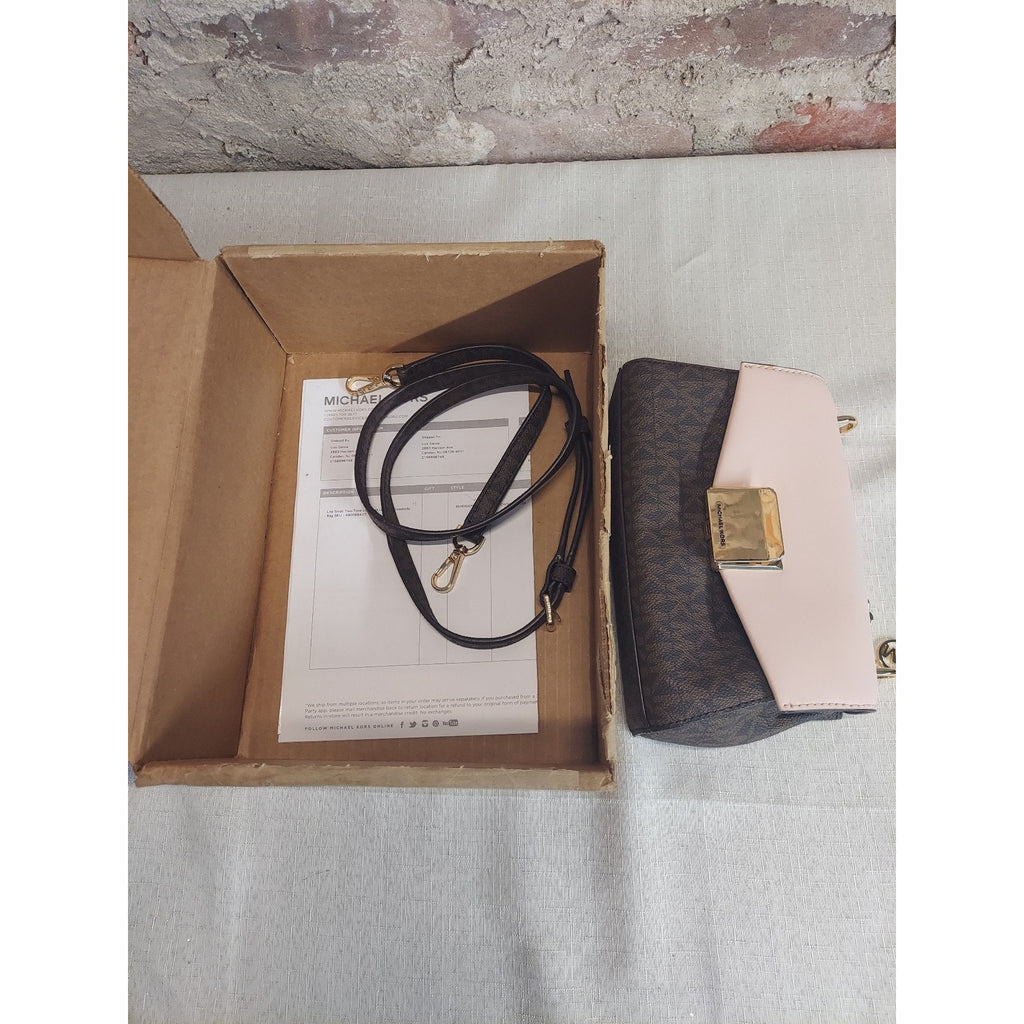 Michael Kors Womens MK Logo Pink Brown Crossbody Shoulder Handbag Gold Tone