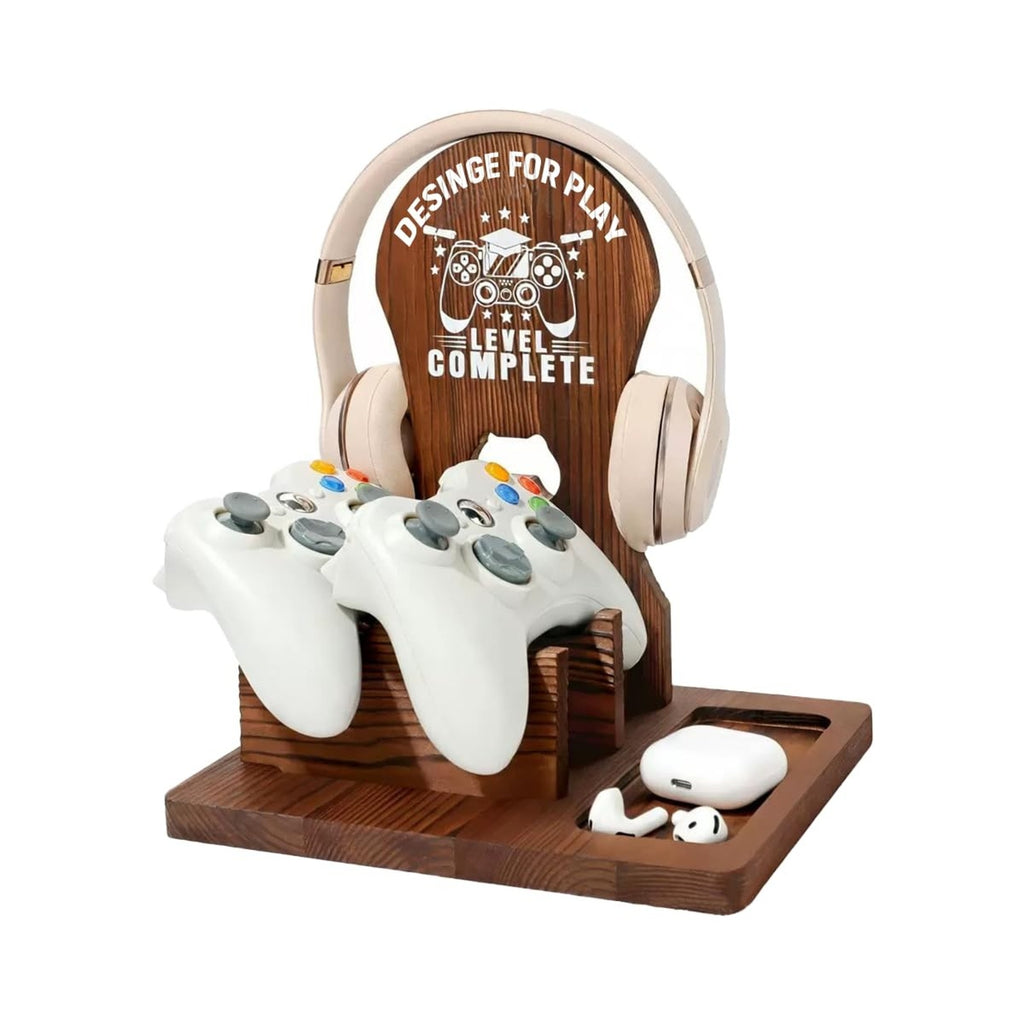 Gaming Controller Headphone Stand Wooden Desktop Storage Organizer Display