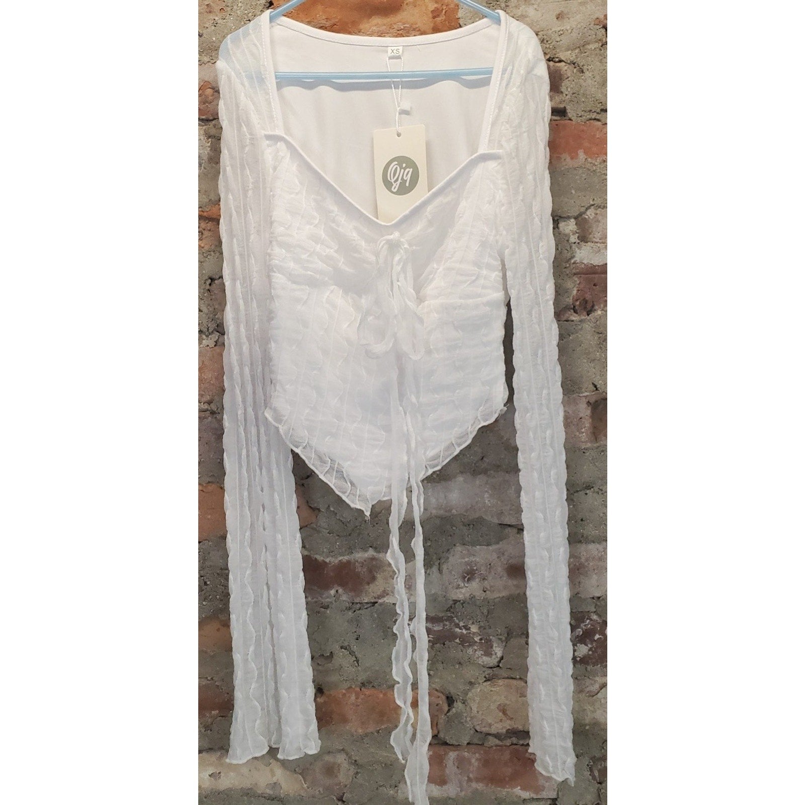 Gjq Womens Long Sleeve Sheer Textured Tie Front Crop Top XS White New NWT