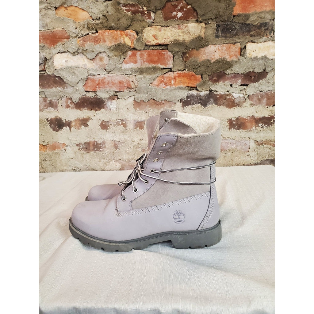 Timberland Womens Roll Top Boots US 8.5 Lavender Gray Waterproof Faux Fur Lined