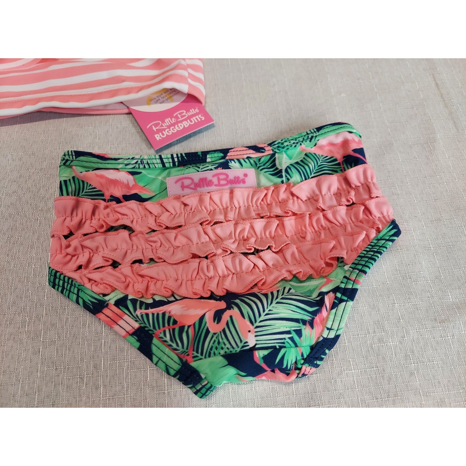 Ruffle Butts Girls Baby 12-18mo Bikini One Shoulder Ruffle Flamingo UPF 50