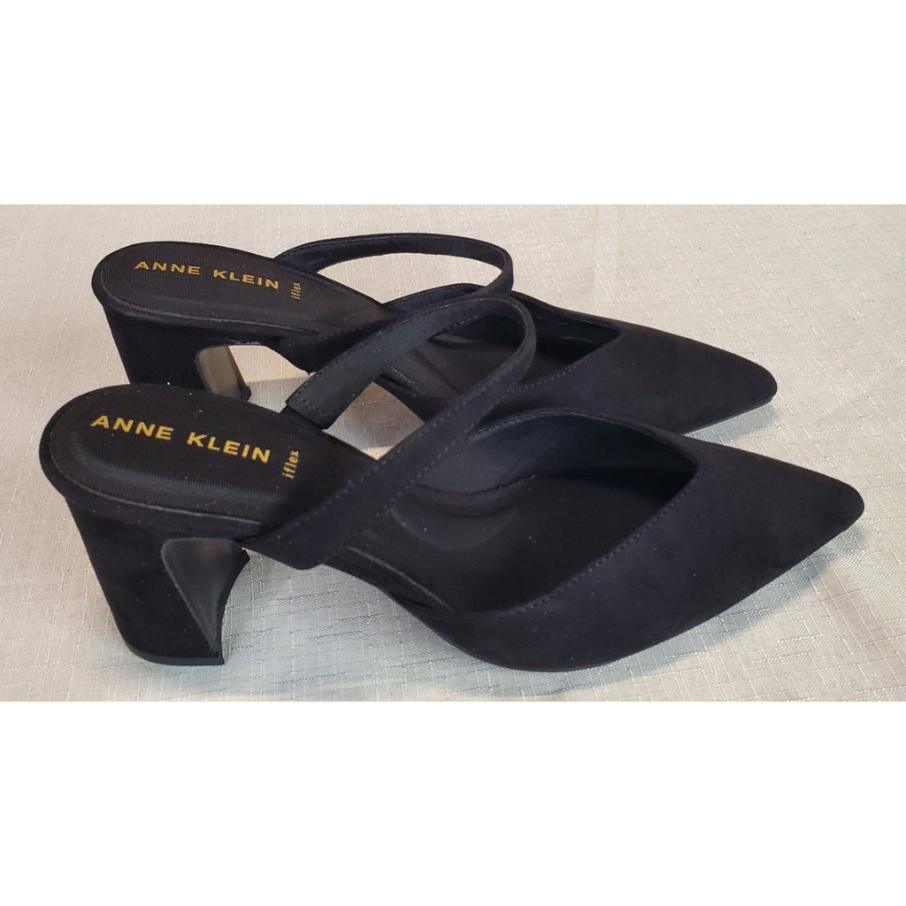 Anne Klein Womens Sz 8.5 Black iflex Mules Slingback Pointed Toe Block Heels