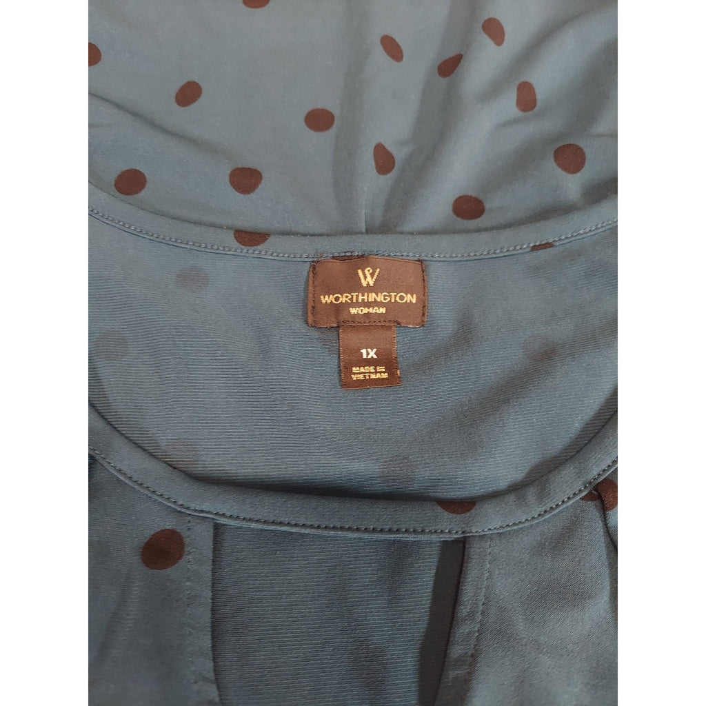 Worthington Woman Womens Tunic Top 1X Teal Blue Brown Polka Dot V Neck Pleated