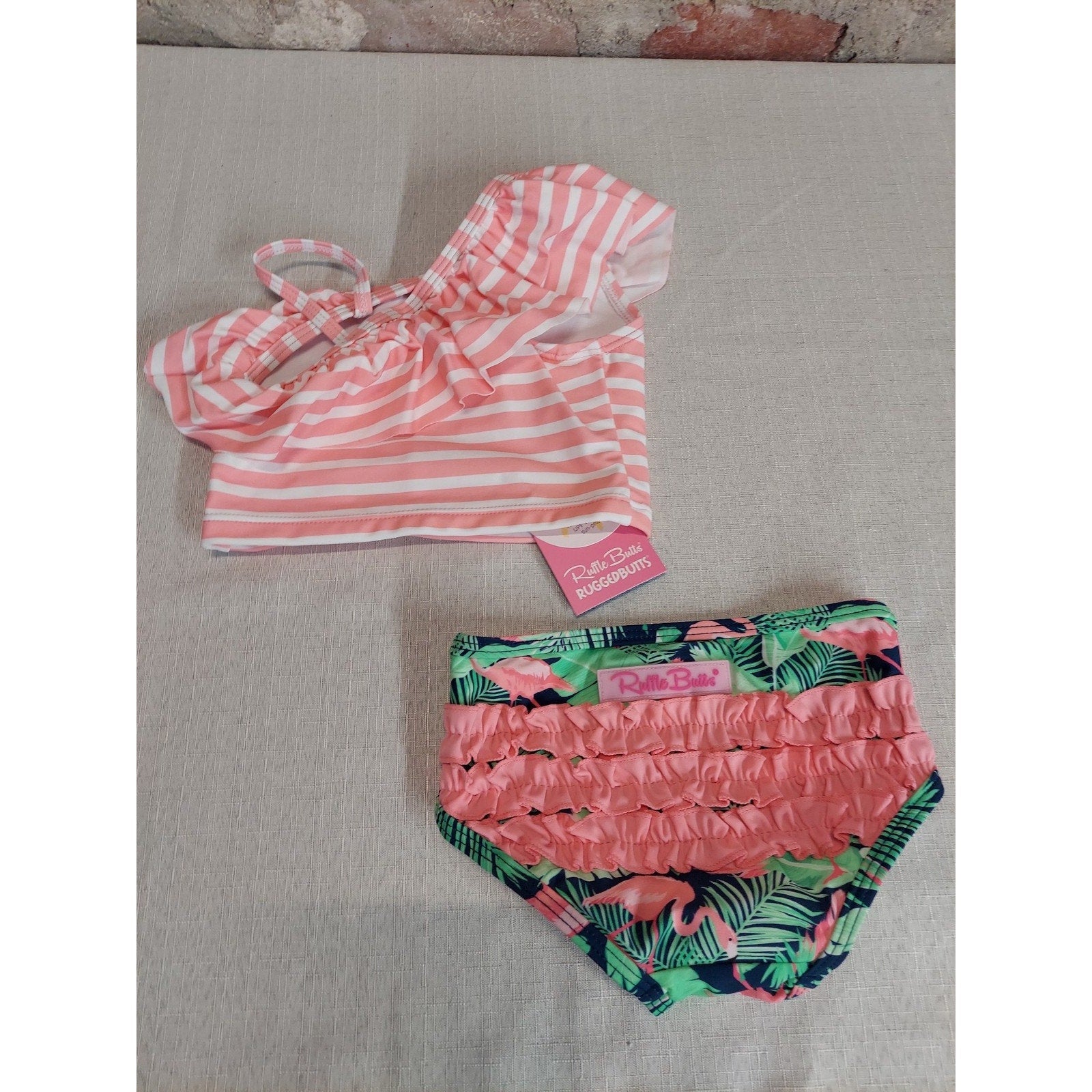 Ruffle Butts Girls Baby 12-18mo Bikini One Shoulder Ruffle Flamingo UPF 50