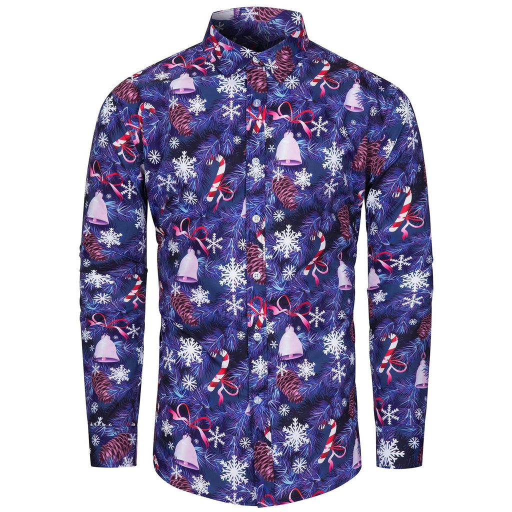 FOHMR Mens Christmas Snow Print Novelty Button Down Long Sleeve Shirt S Small
