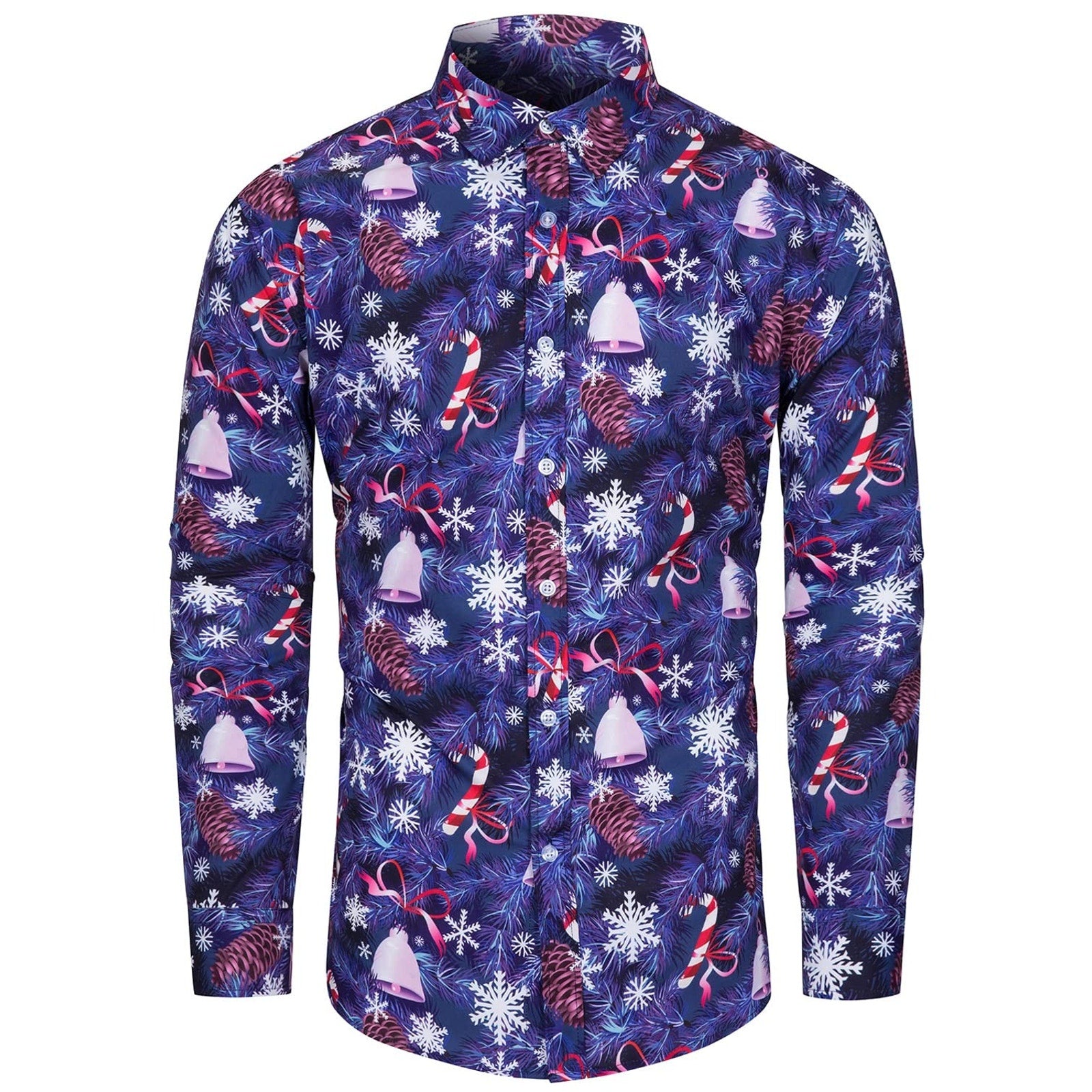 FOHMR Mens Christmas Snow Print Novelty Button Down Long Sleeve Shirt S Small