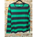 Lands End Womens Long Sleeve Shirt M 10-12 Navy Green Striped Shaped Fit