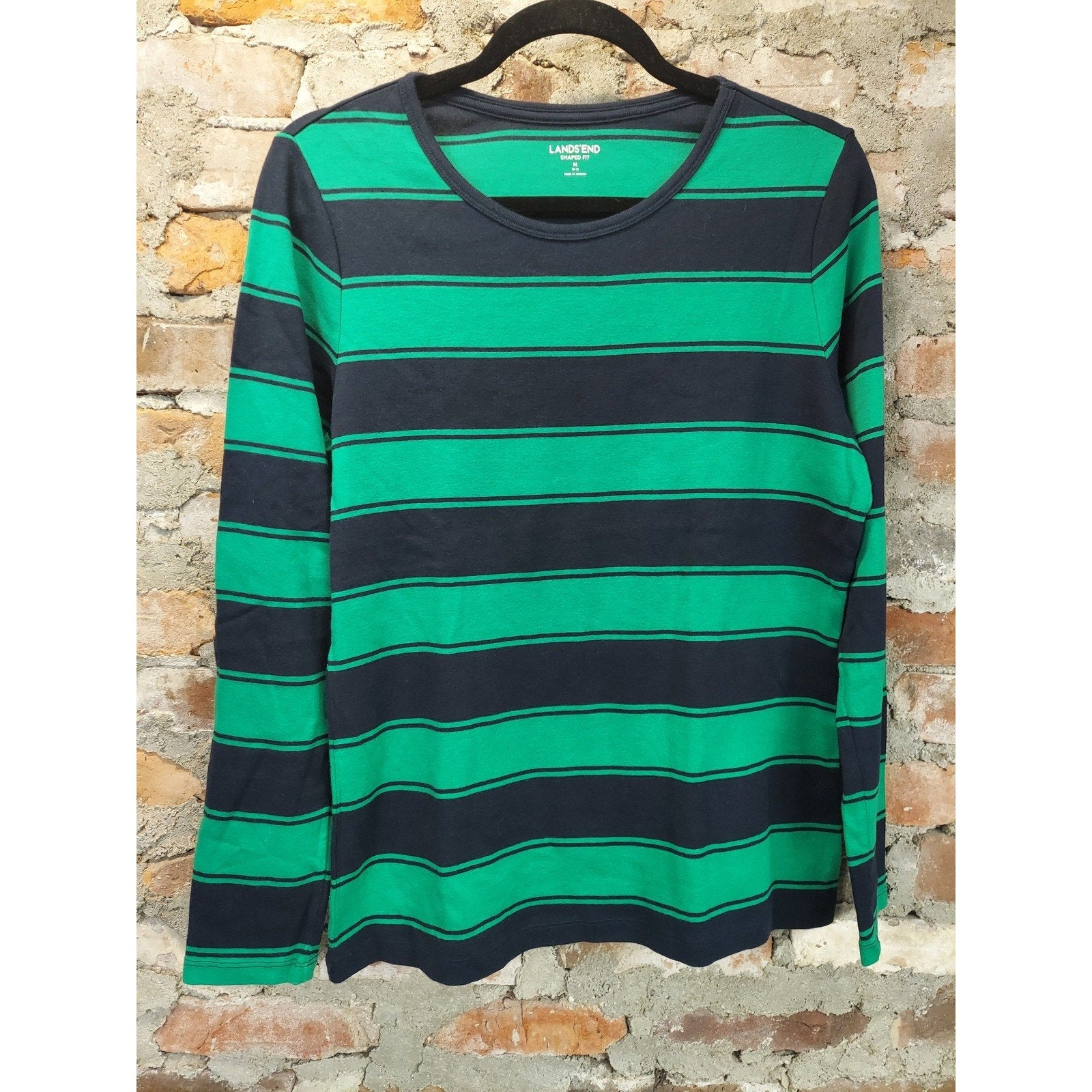 Lands End Womens Long Sleeve Shirt M 10-12 Navy Green Striped Shaped Fit