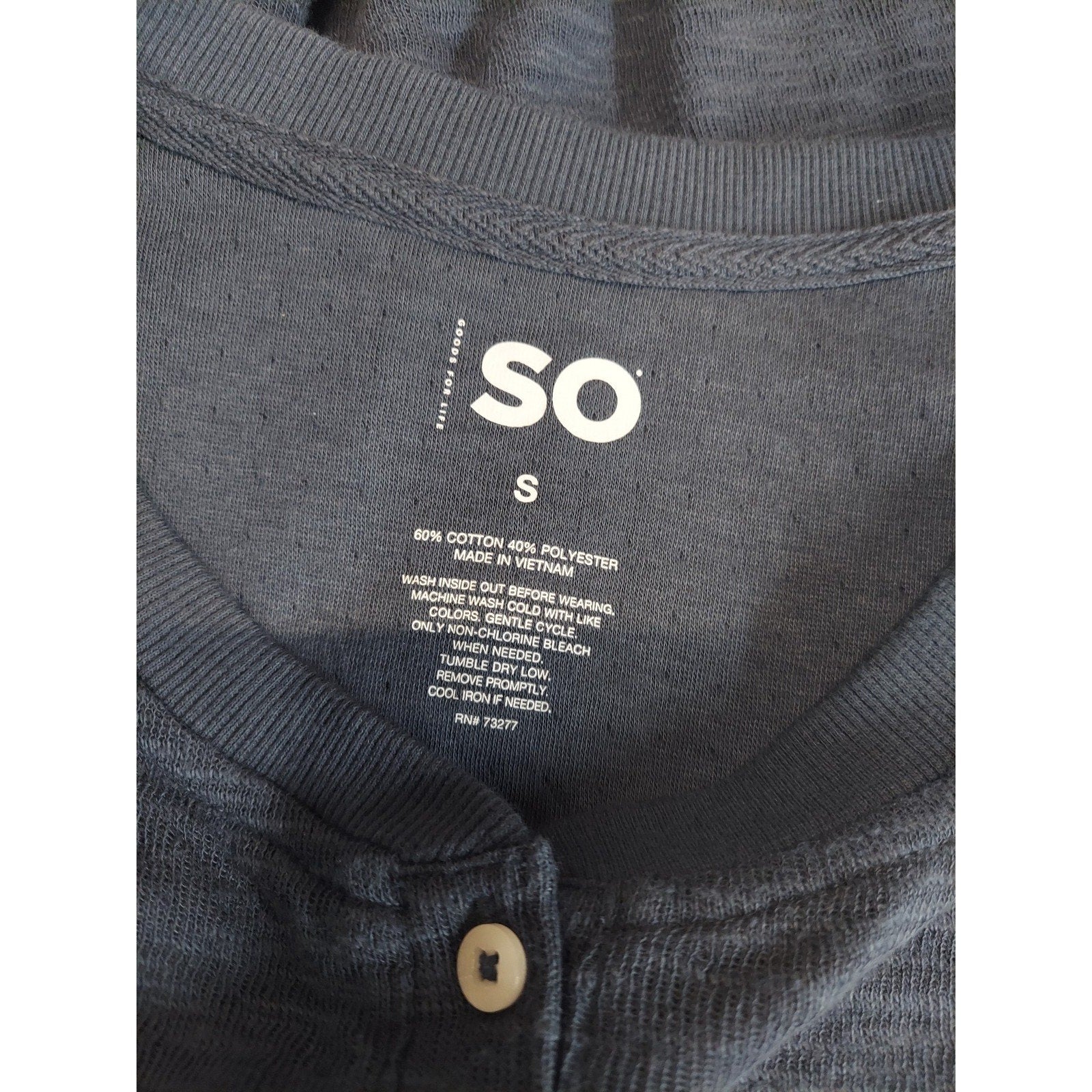 SO Womens Cropped Henley Long Sleeve Top Small Dark Blue Cotton Polyester
