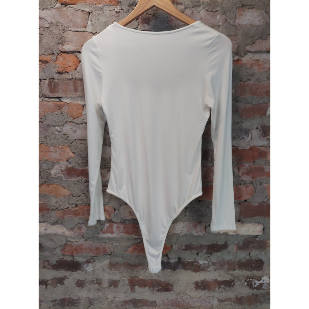 Womens Bodysuit M White Square Neck Long Sleeve Thong Viscose Elastane