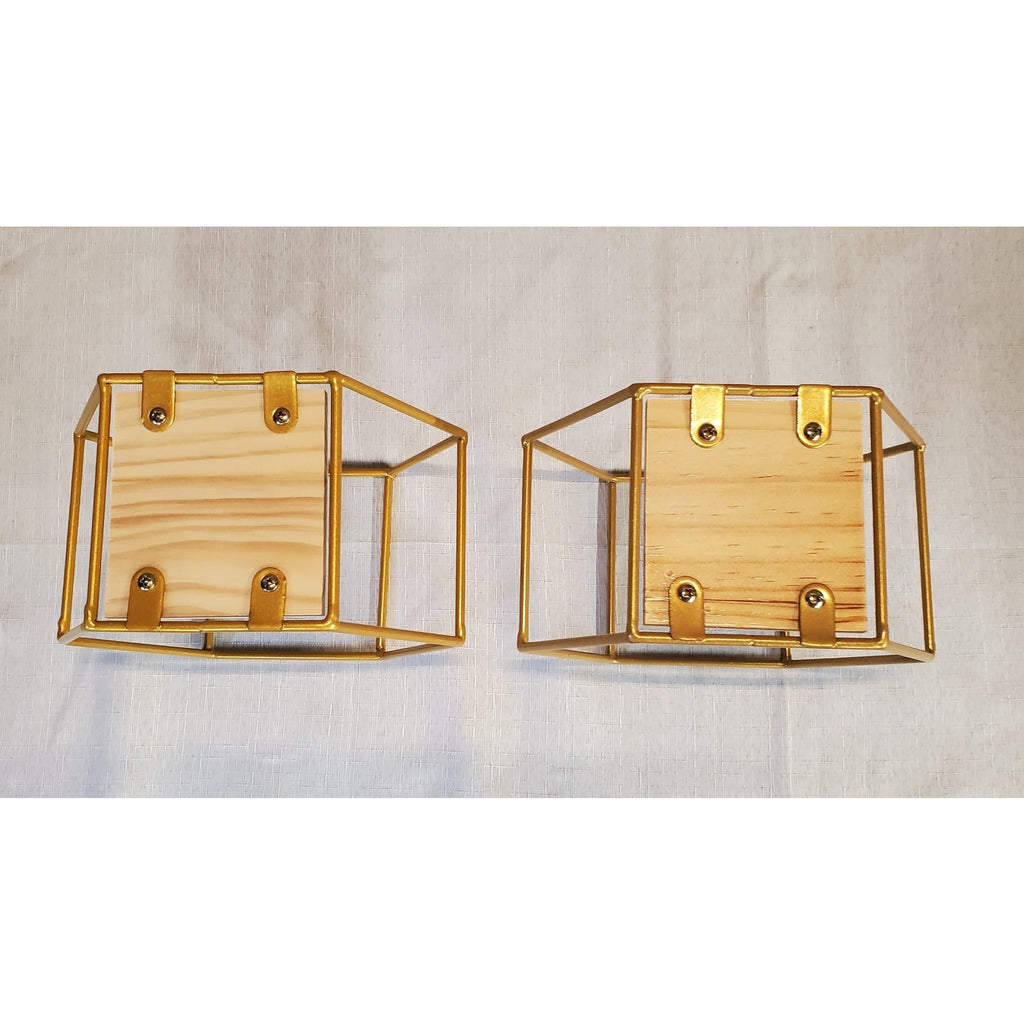 Gold Hexagon Floating Wall Shelves Set of 2 Geometric Metal Wood Display Decor