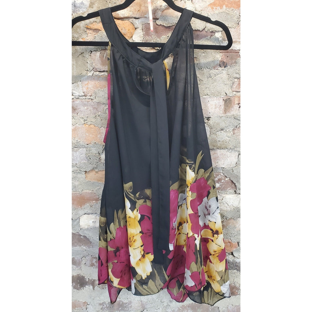 Unique Spectrum Womens Halter Tank Top Blouse Sz 1X Black Floral Print Tie Neck