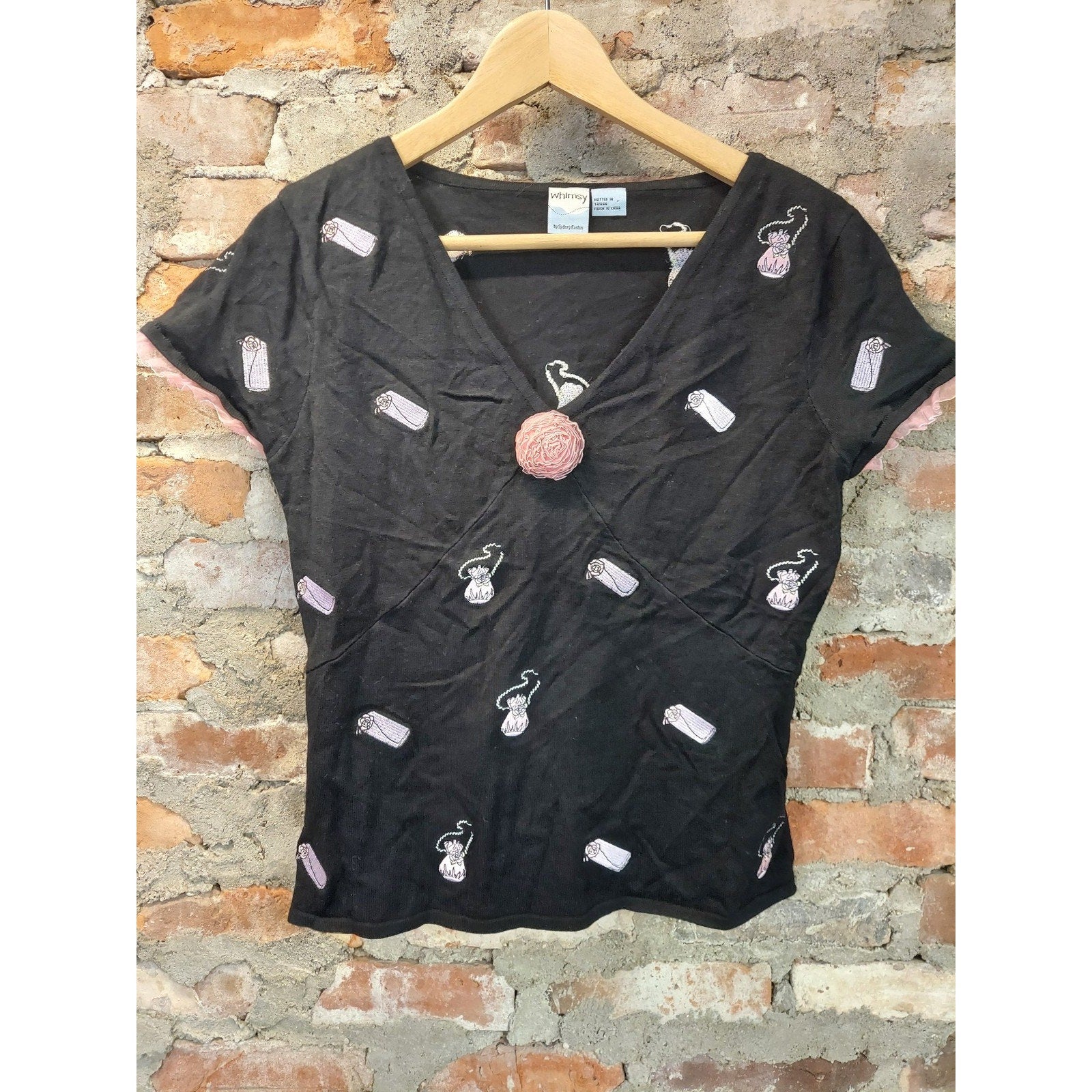 Whimsy by Sydney Easton Womens Top L Black V Neck Short Sleeve Rosette