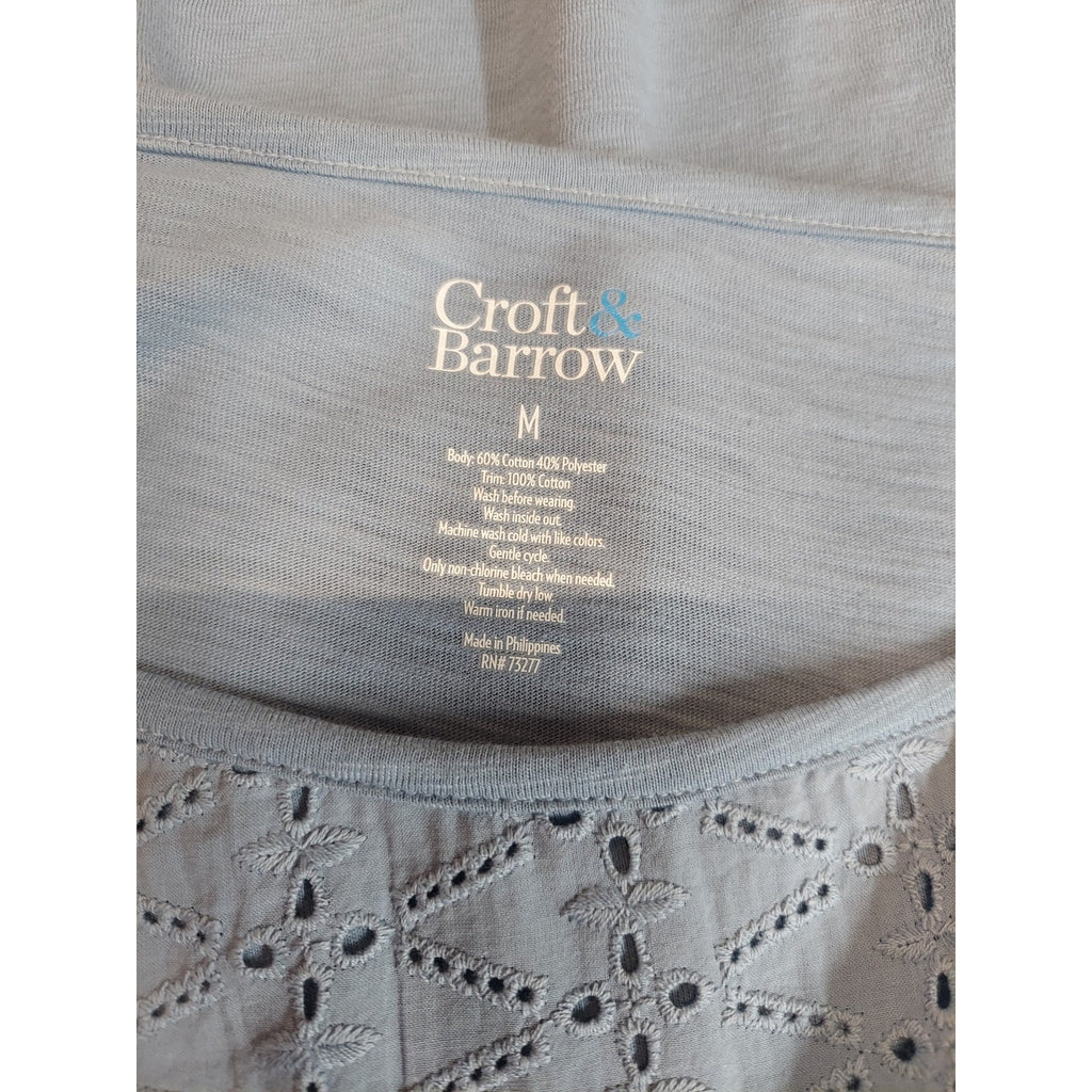 Croft & Barrow Womens Eyelet Embroidered Top M Dusty Blue Cotton Blend