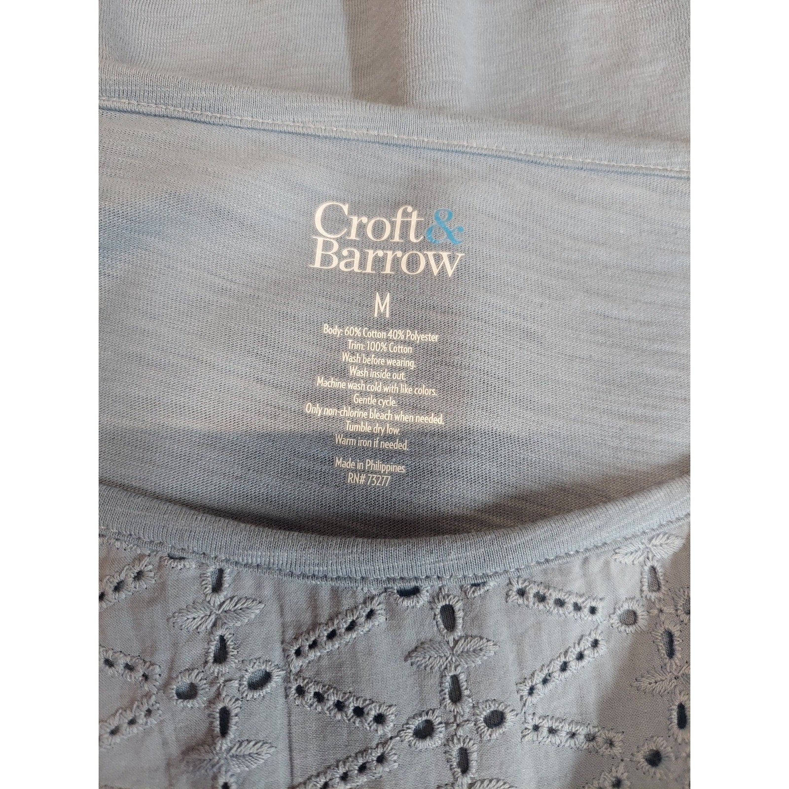 Croft & Barrow Womens Eyelet Embroidered Top M Dusty Blue Cotton Blend