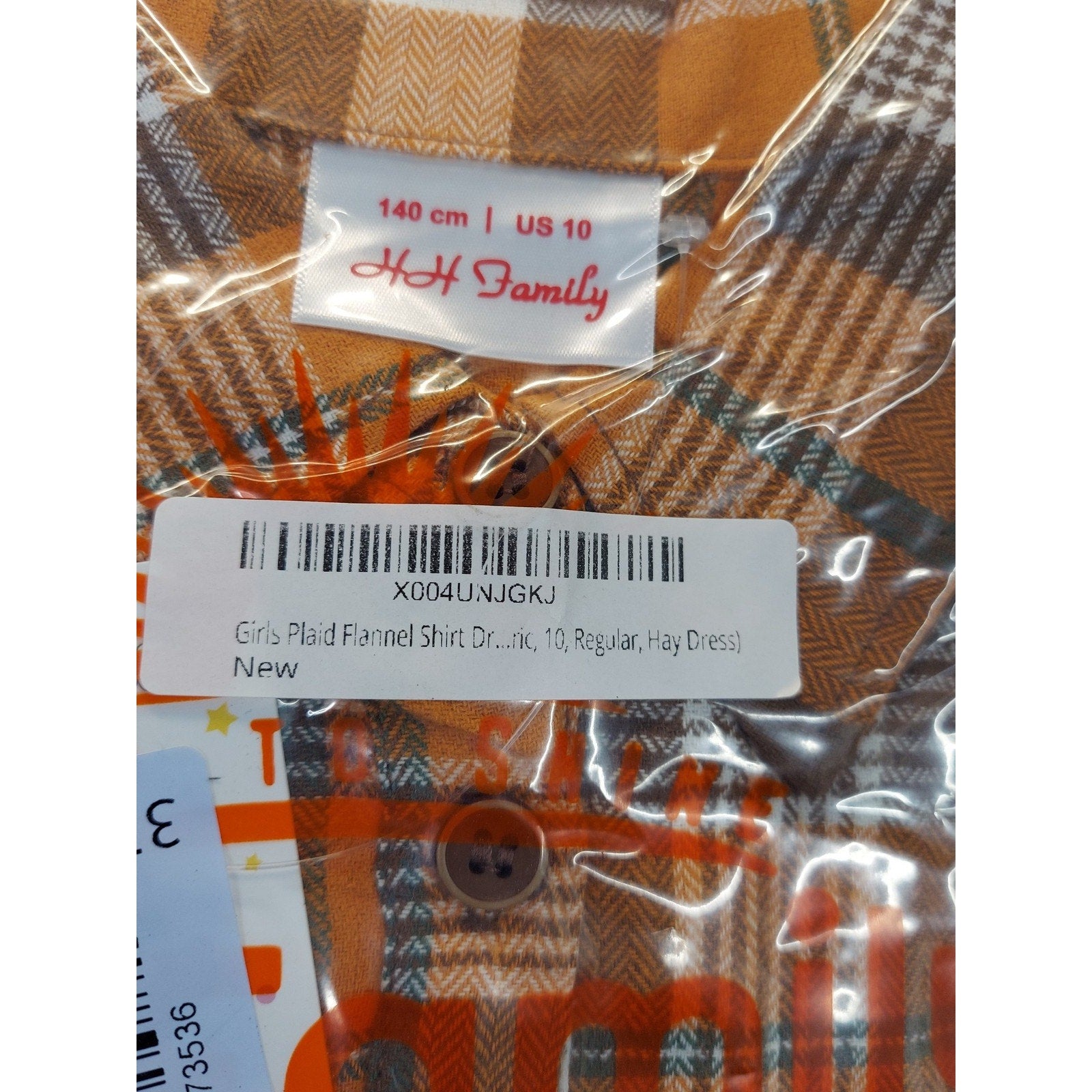H&H Family Girls 10 Orange Brown Plaid Flannel Long Sleeve Collared Shirt Dress