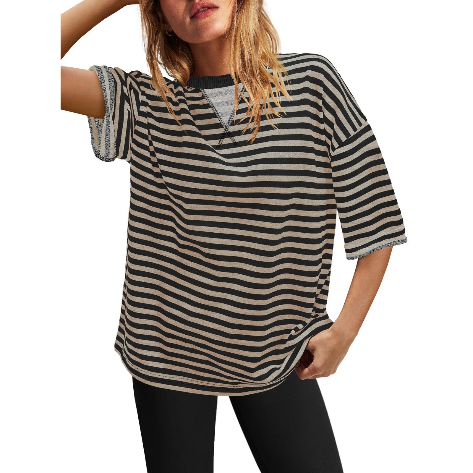 Womens T Shirt L Black Tan Striped V Neck Pullover Short Sleeve Relaxed Fit