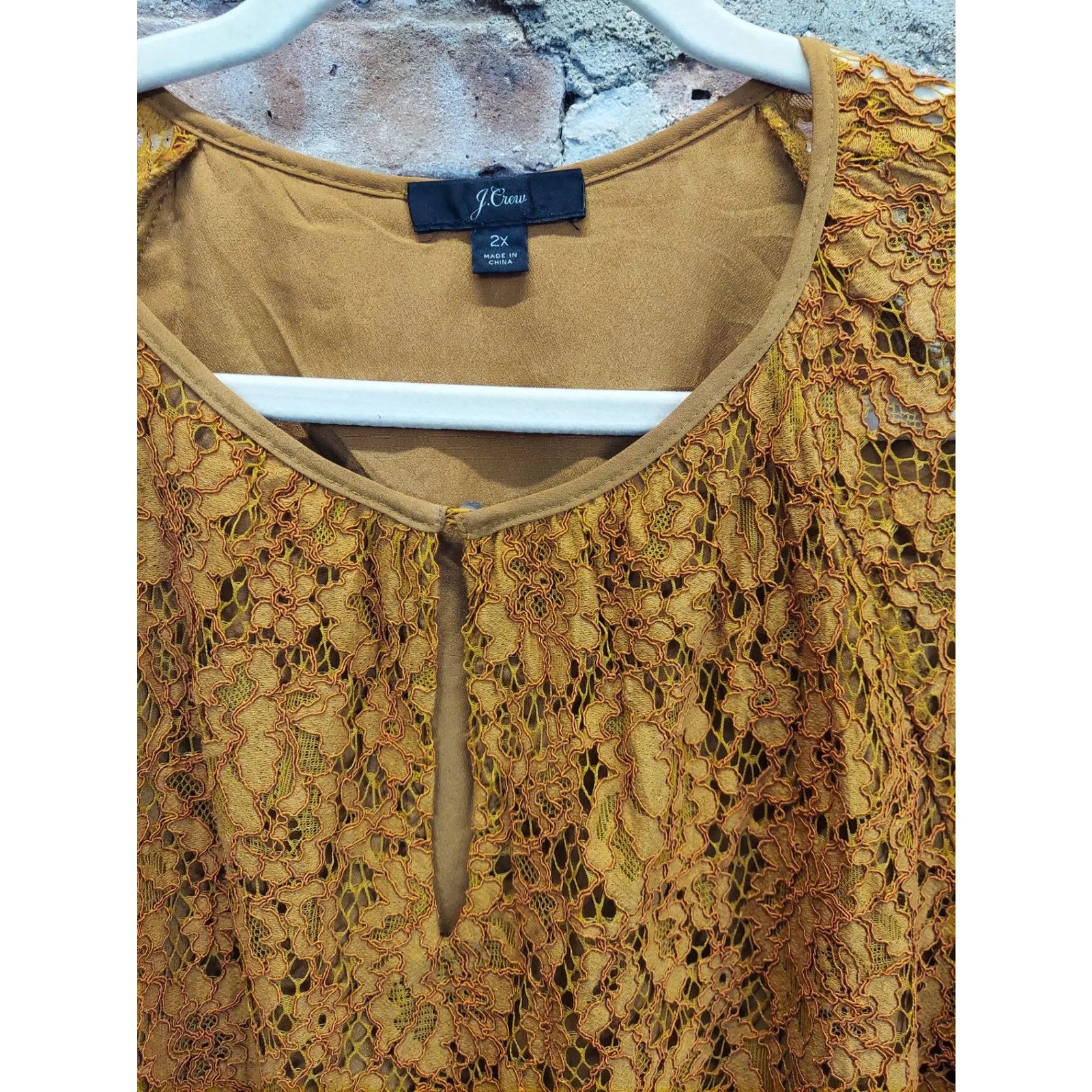 J.Crew Womens Lace Top Blouse 2X Plus Mustard Yellow Floral Keyhole Neck
