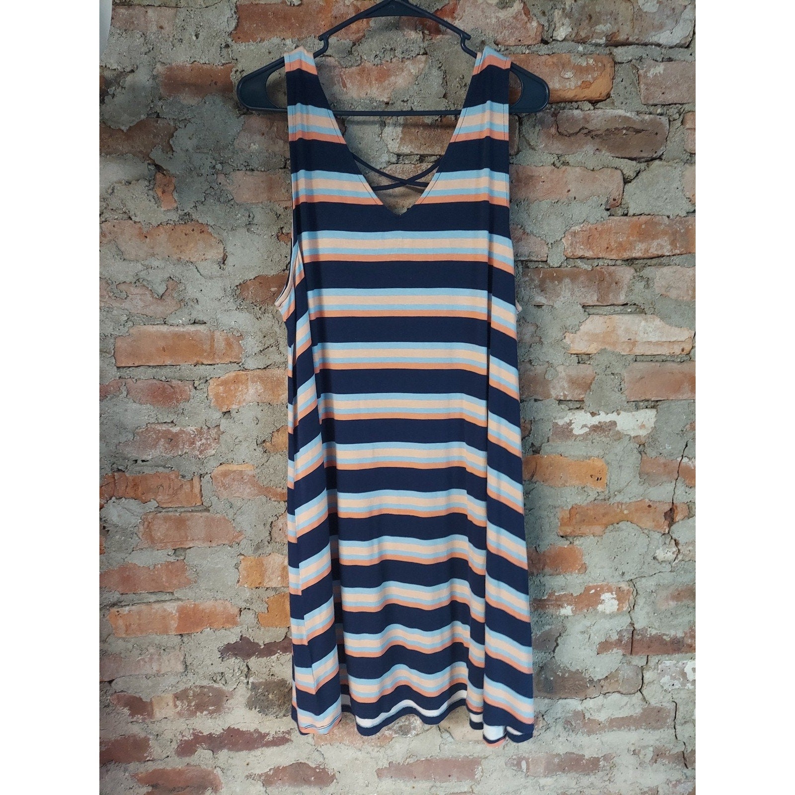 Arizona Jean Co Womens Dress 2X Plus Navy Blue Orange Blue Stripe Sleeveless V