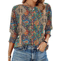 Womens Blouse XL Multicolor Paisley Patchwork 3/4 Sleeve Smocked Cuff Boho