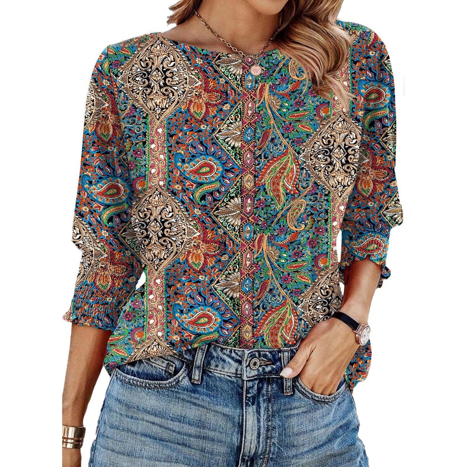 Womens Blouse XL Multicolor Paisley Patchwork 3/4 Sleeve Smocked Cuff Boho