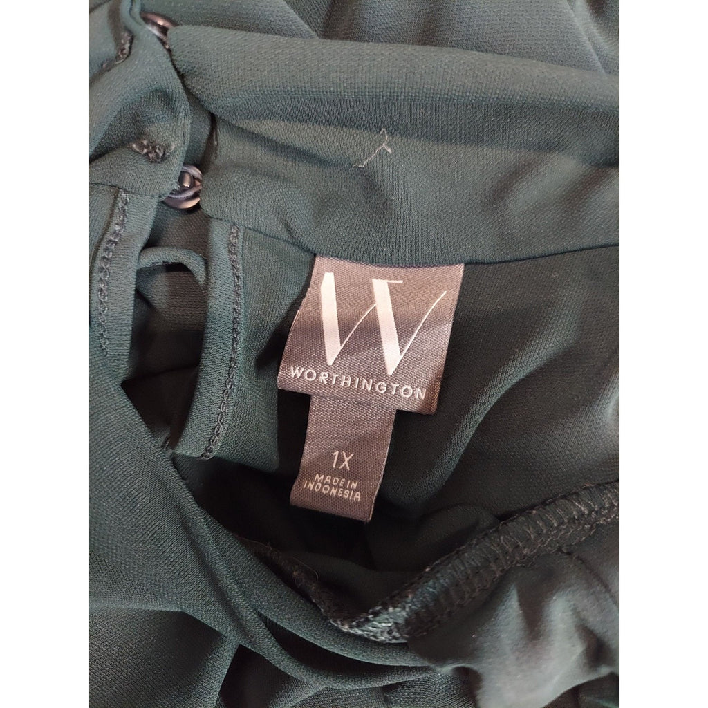 Worthington Womens Plus Top Blouse Size 1X Green High Neck Keyhole Back