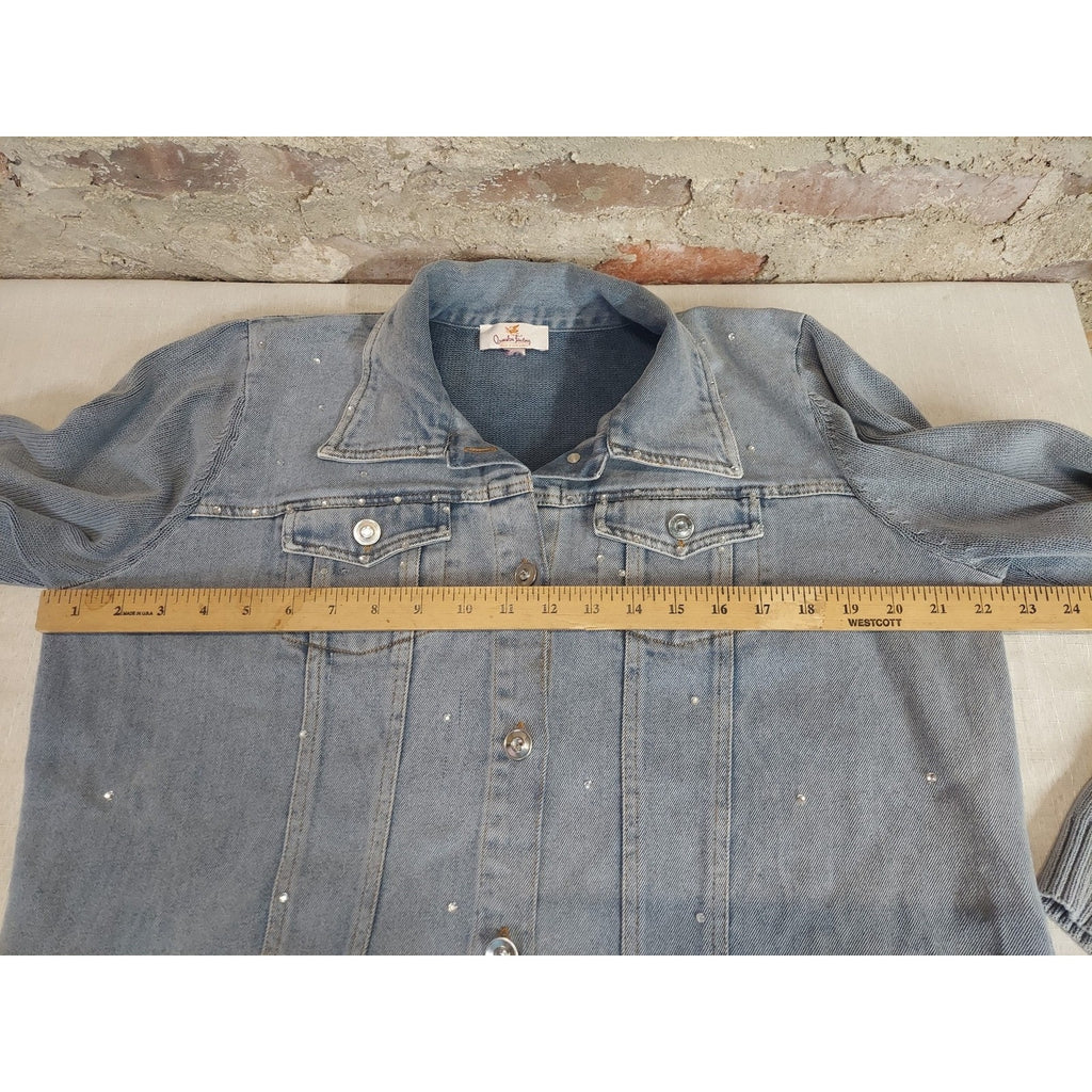 Quacker Factory Womens XL Denim Jean Jacket Light Blue Rhinestone Embellished