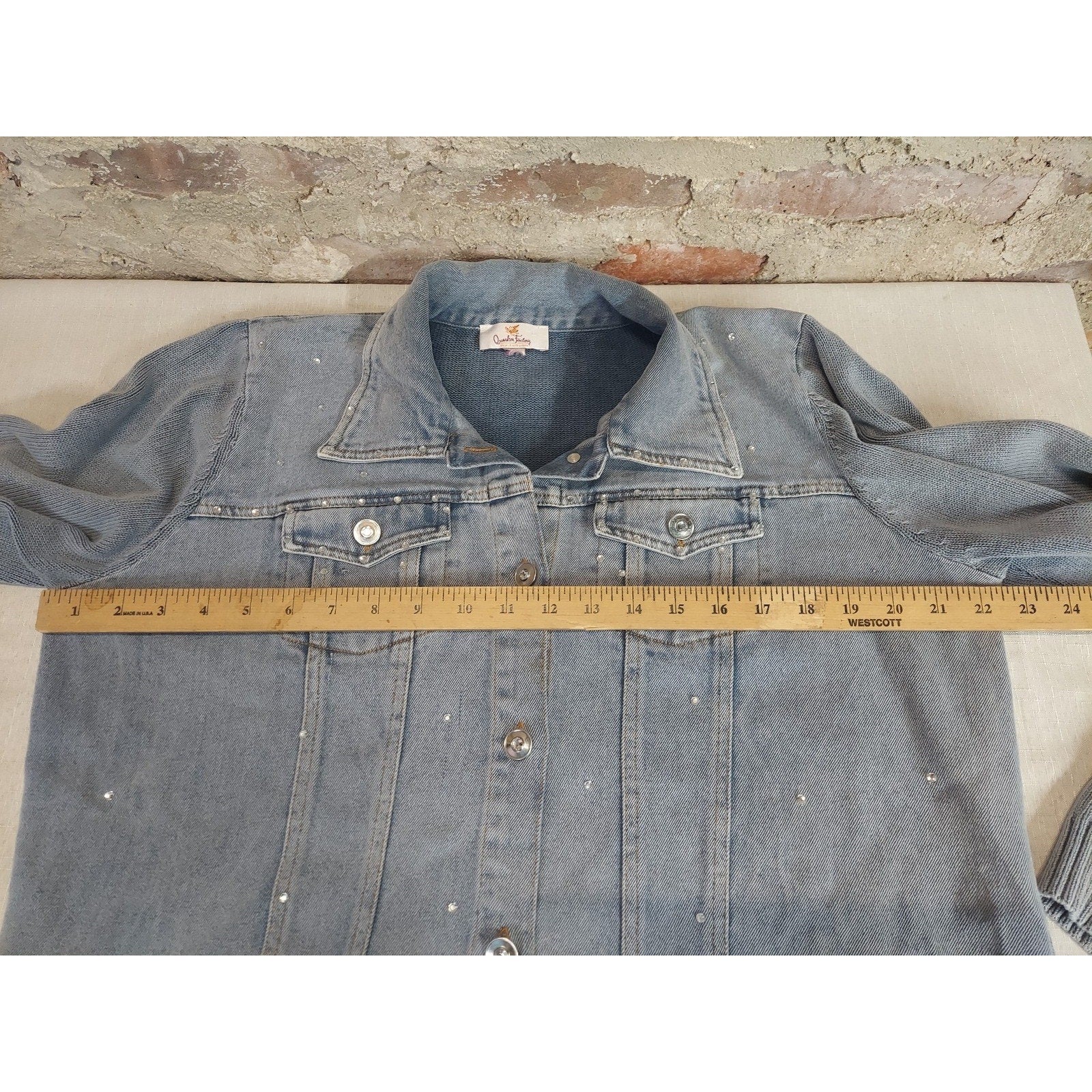 Quacker Factory Womens XL Denim Jean Jacket Light Blue Rhinestone Embellished