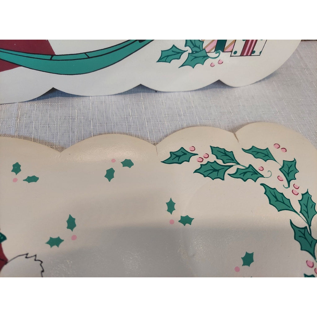 Santa Claus Christmas Placemats Set of 2 Vintage Scalloped Holly Berry Holiday